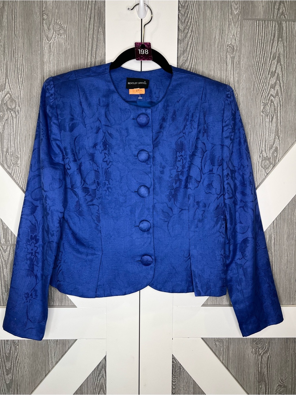 198. Vintage Royal Blue Floral Jacquard Women's Jacket 6